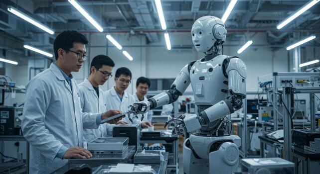 Advanced Robotics Scientists Collaborate with Humanoid Robot in Modern Tech Lab photo