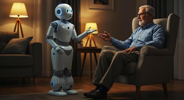 Warm evening light illuminates a senior man conversing with a friendly humanoid robot in his living room, fostering a sense of companionship and technological advancement. photo