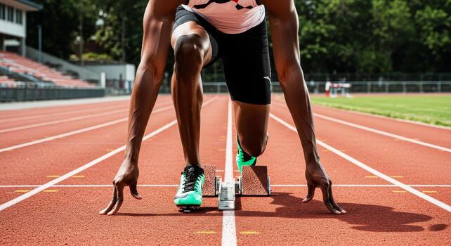 Athlete in starting blocks, poised for race, intense focus, athletic competition, summer track and field photo
