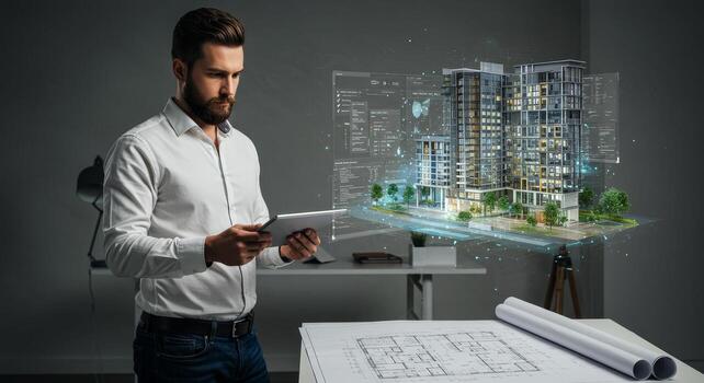 Focused Architect Reviewing Modern Building Design on Tablet, Digital Hologram Projection, Blueprint Plans photo