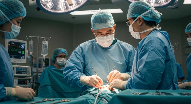 Surgical Team Performing Precision Procedure in Modern Operating Room Serious, Focused Atmosphere photo