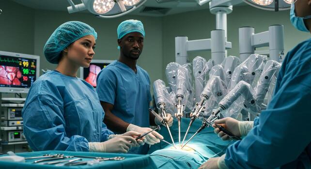 Diverse surgical team performing robotic-assisted laparoscopic surgery in modern operating room. photo