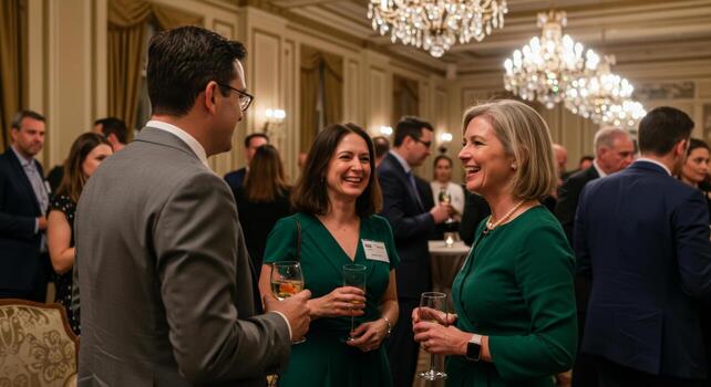 Elegant Businesswomen Networking at Upscale Evening Reception Joyful Conversation, Luxury Venue photo