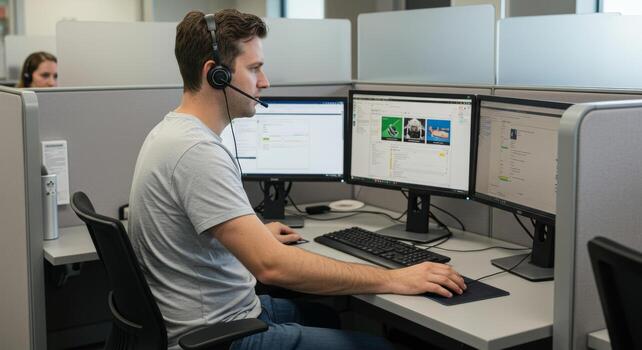 Focused Male Customer Service Representative Working at Modern Office Desk with Triple Monitors. photo