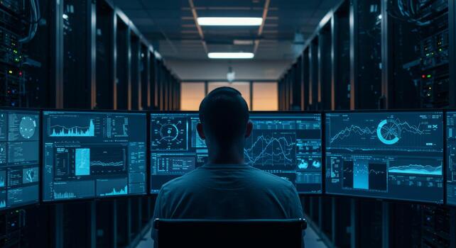 Data Analyst Monitoring Server Room Nighttime View of Multiple Screens Displaying Complex Financial Charts and Graphs. photo