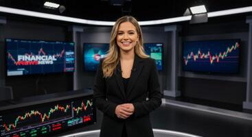 Confident Female Financial News Anchor in Modern Studio Reporting Market Trends photo