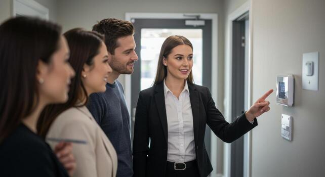 Confident realtor showing smart home features to enthusiastic potential buyers in modern hallway photo