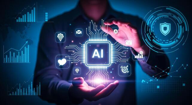 Artificial intelligence concept AI chip held by hands with digital icons and glowing circuits. photo