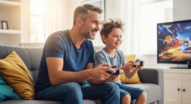 Father and son enjoy quality time playing games on the sofa. photo