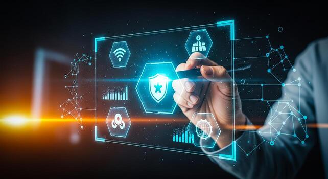 Cybersecurity concept a hand interacts with a digital interface with glowing icons. photo
