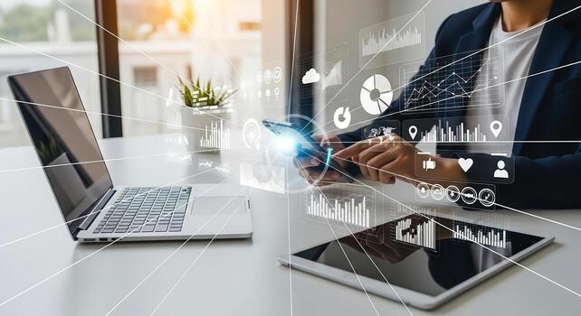 Modern business professional working with technology, data, and analytics photo