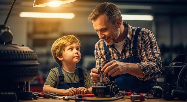 A father and son share a special moment in a workshop, repairing and bonding. photo