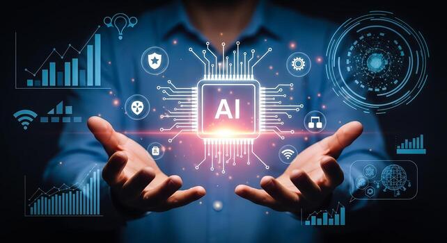 Person presenting an AI chip with data visualizations, representing digital innovation and future technology. photo