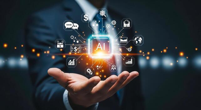 A man holding an ai-powered digital interface, symbolizing technological advancements and data analysis. photo