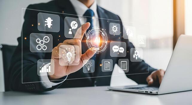 A professional uses ai technology, interacting with a digital interface for business strategies and innovation. photo