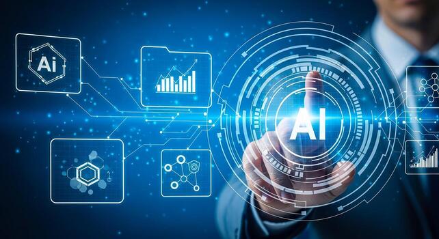 Person interacting with an AI interface, highlighting technology and innovation in a digital world. photo