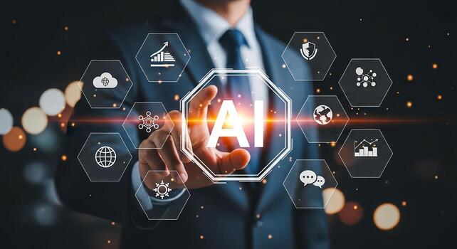 Businessman touches an ai interface with technology icons. Concept for innovation. photo