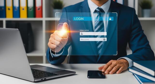 Businessman uses fingerprint login for secure access on Father's Day. photo