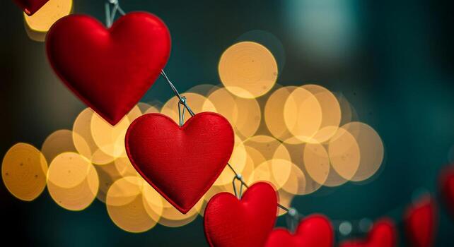 Red heart shapes hanging against a backdrop of blurred yellow lights creating a romantic atmosphere photo