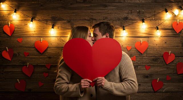 Kissing couple holding a red heart with string lights and wooden background for valentine's day decor photo