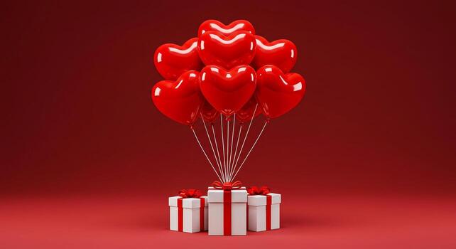 Heart shaped balloons floating above three gift boxes on a red background in a studio setting photo