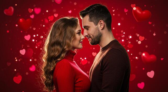 Romantic couple gazing at each other against a red background with floating hearts and bokeh lights photo