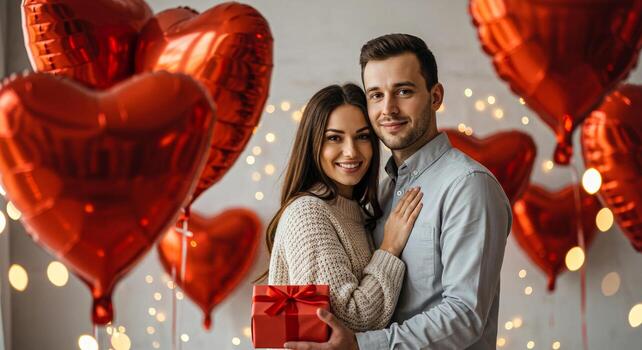 A couple embracing with heart shaped balloons and a gift box in front of a string of lights photo