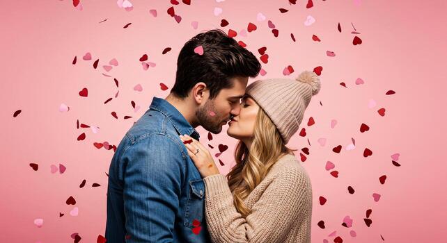 A couple kissing amidst falling heart shaped confetti against a pink background in a studio setting photo