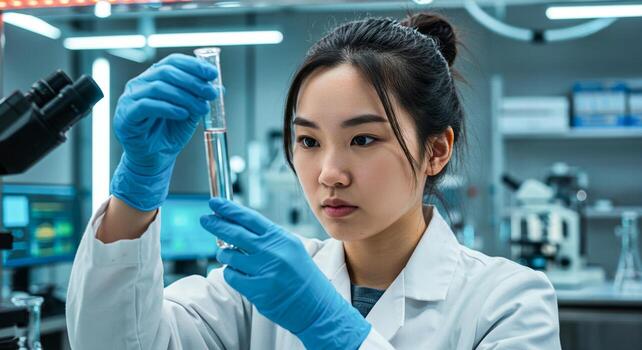 Scientist examining test tube in laboratory with microscope and computer screens in background photo