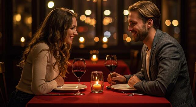 A couple smiling at each other across a table with wine and a candle in a dimly lit restaurant photo