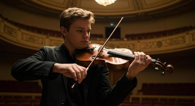Young man in a suit playing the violin on stage in front of an audience in a concert hall setting photo