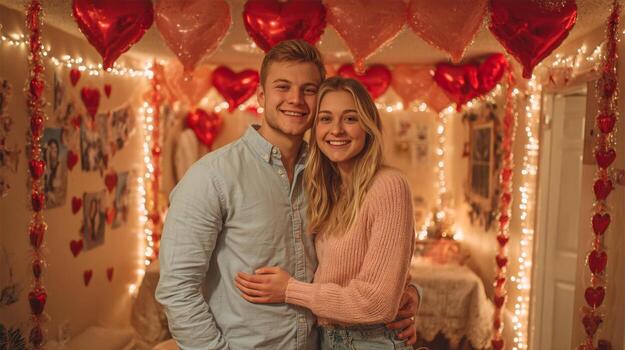 A young couple embracing in a room decorated with heart shaped balloons and string lights for valentine's day photo