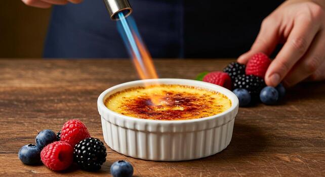 A crEme bruiee being caramelized with a culinary torch next to fresh berries on a wooden surface photo