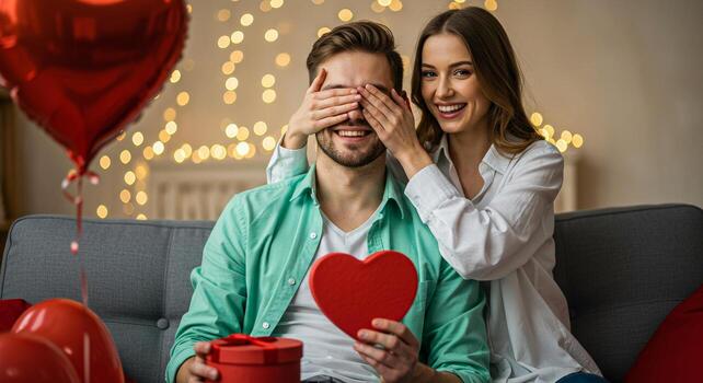 Woman covering man's eyes with gifts and balloons on the sofa in front of string lights backdrop photo