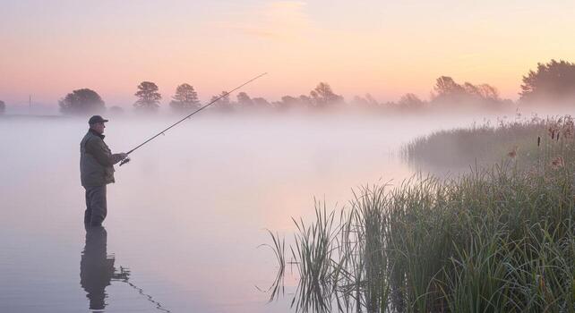 A serene scene of a fisherman casting his line into a misty lake at sunrise. photo