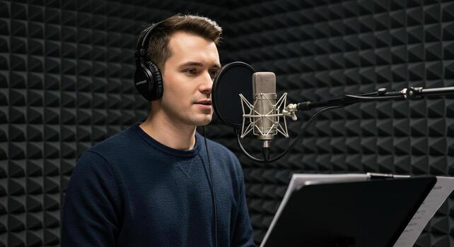A man is recording audio in a soundproof studio, concentrating on his script and microphone. photo