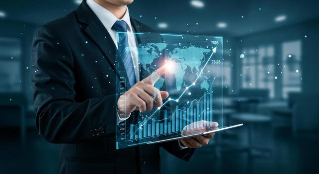 Businessman analyzing financial data on a digital tablet, visualizing market growth. photo