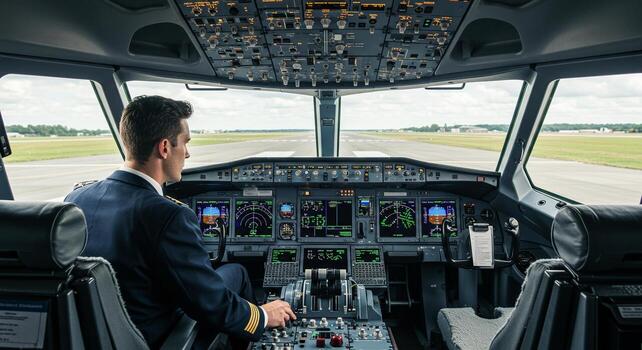 A pilot in the cockpit prepares for flight, focused on the runway ahead with a modern control panel. photo