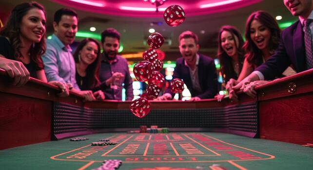 A thrilling casino scene with friends cheering over a game of craps. photo
