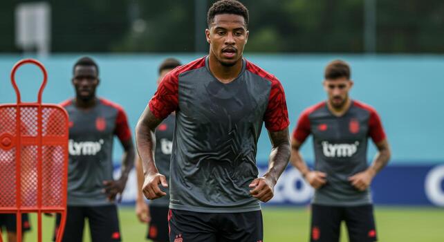 Soccer players in gray jerseys train on a field, focused and ready for action. photo