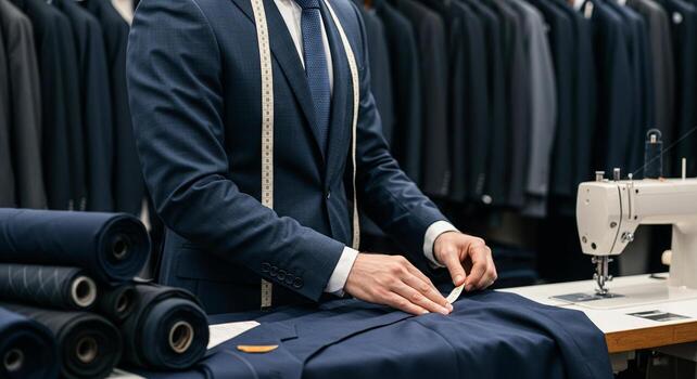 A tailor working on a custom blue suit in a well-lit workshop setting. photo