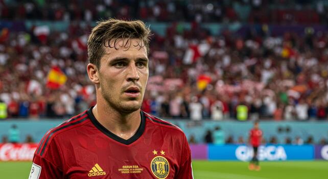 un enfocado fútbol jugador vistiendo un rojo jersey, capturado durante un intenso fósforo. foto