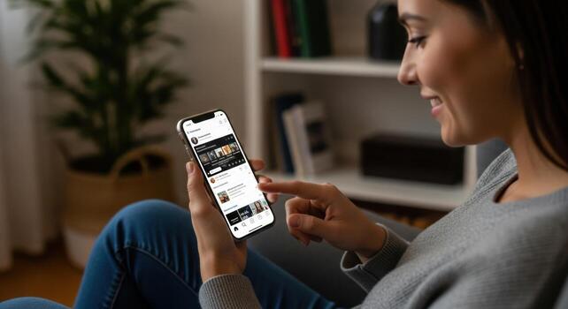 Woman using a mobile device with an application while relaxing on a sofa in a living area photo