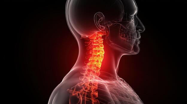 Human anatomy showing spine and neck with highlighted pain area in transparent body on dark background photo