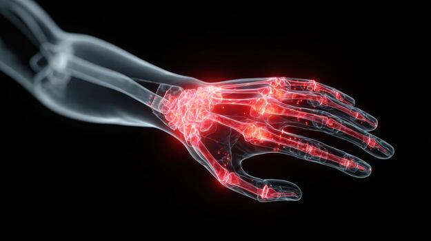 A digital rendering of a translucent hand with red joints on a black plain background view photo