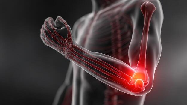 Anatomical view of a human arm with red highlighting at the elbow joint area on a dark backdrop photo