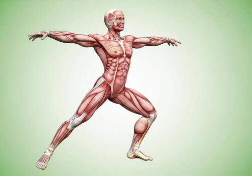 Anatomical illustration showing human muscle structure with arms extended on a light green background photo