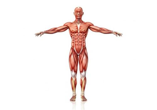 Anatomical illustration of a human body showing muscles with arms extended on a white background photo