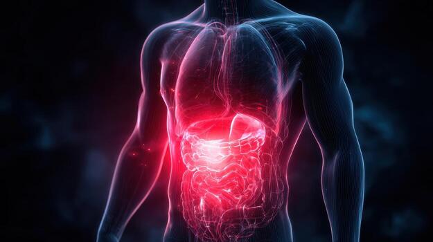 Human anatomy torso with internal organs highlighted in red on a dark background illustration photo