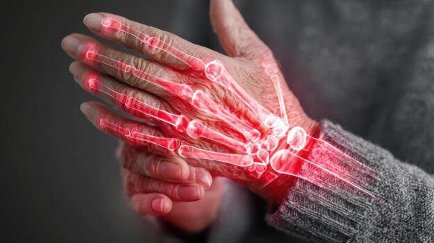Close up of hands with visible skeleton structure and red highlighting on a dark background photo